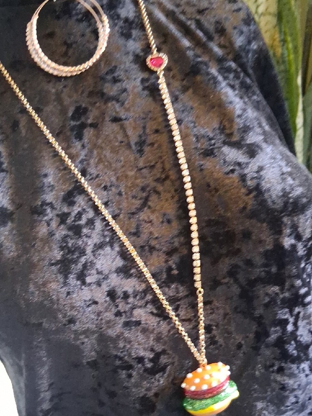 Betsey Johnson Gold-Tone Necklace with Pearl Topping and Multicolor Burger Charm - Picture 15 of 16